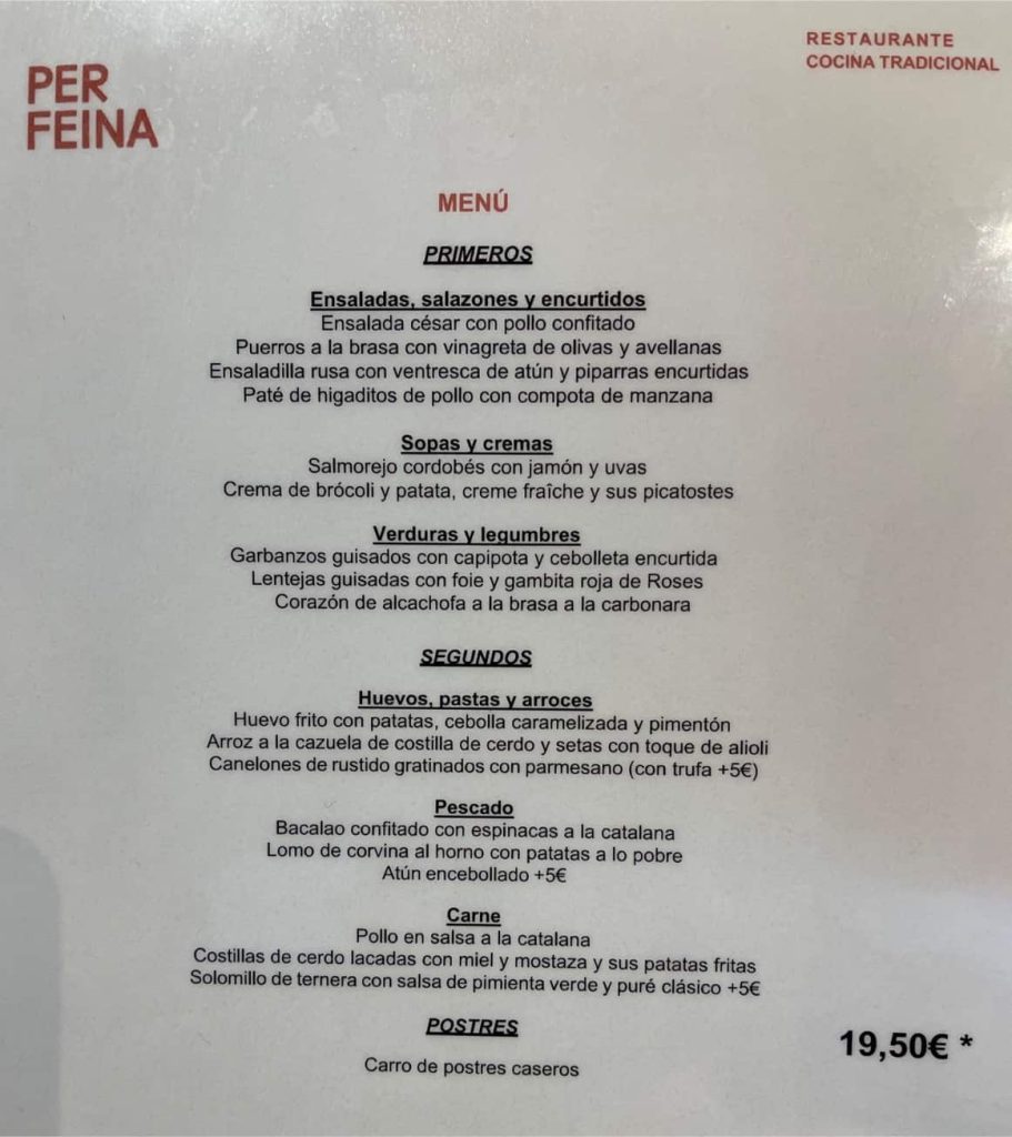 Carta Menú mediodía restaurante Per Feina